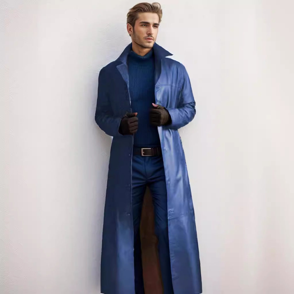 Men's Long Leather Coat in Trench Style with Slim Silhouette and Stand Collar Mune Fashion