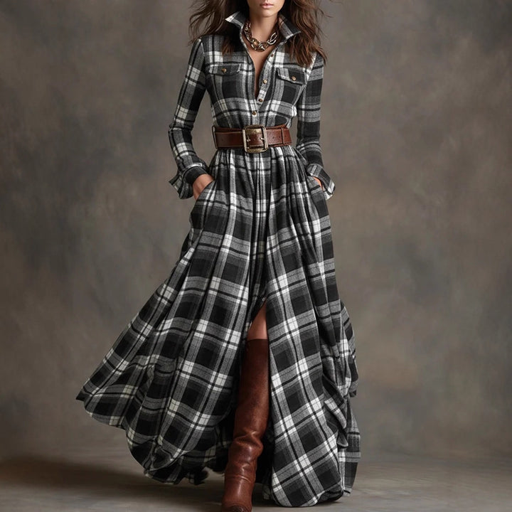 Women checked maxi dress shirt dress with flared skirt and wide waistband Mune Fashion