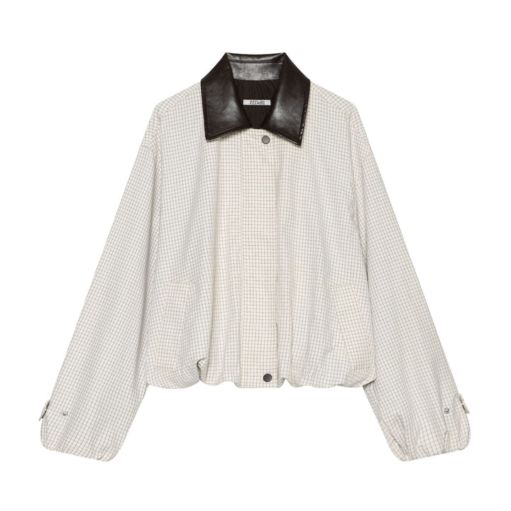 Women's Oversize Boxy Jacket with Check Pattern, Faux Leather Lapel and Drawstring Hem Mune Fashion