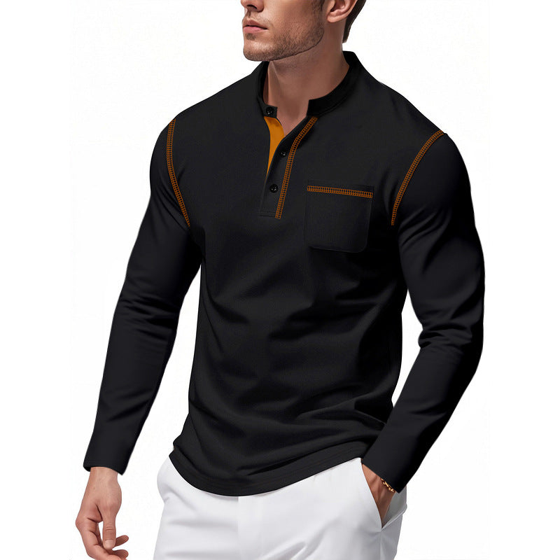Men's Henley Long Sleeve Shirt with Stand-Up Collar, Chest Pocket and Contrasting Decorative Stitches Mune Fashion