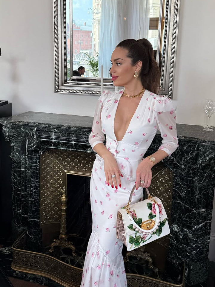 Women's Floral Satin Midi Dress with Deep V-Neck, Puff Sleeves, and Tailored Gathering Mune Fashion