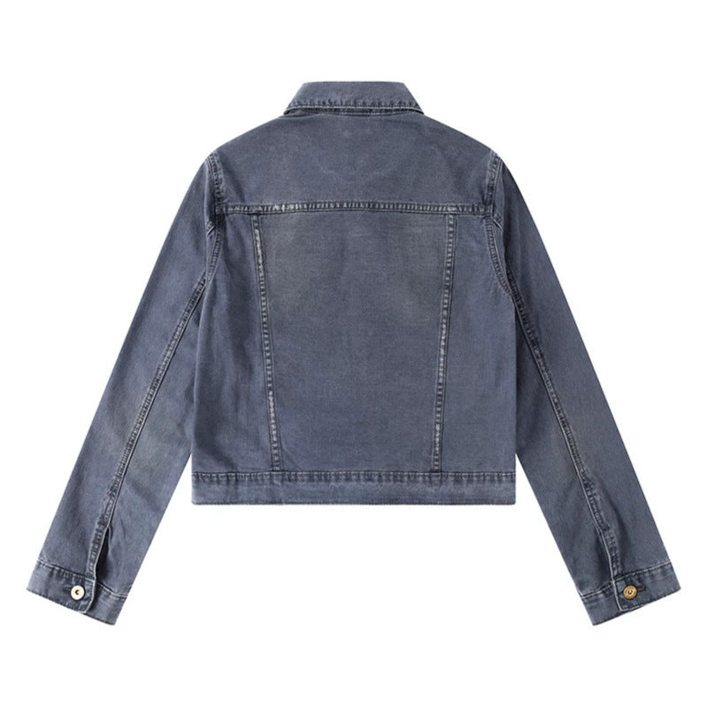 Women's Short Denim Jacket in Vintage Style with Button Placket, Chest Pockets and Fitted Cut Mune Fashion