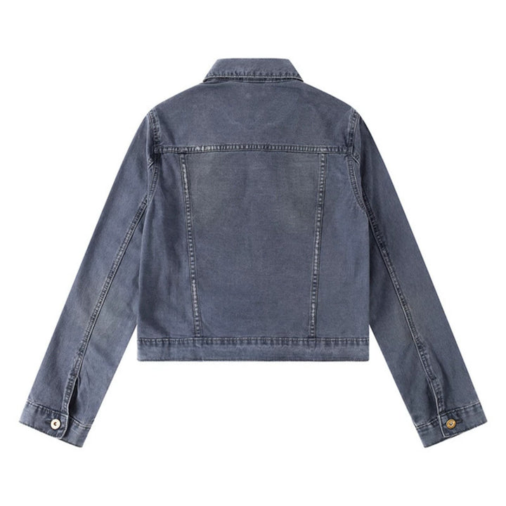 Women's Short Denim Jacket in Vintage Style with Button Placket, Chest Pockets and Fitted Cut Mune Fashion