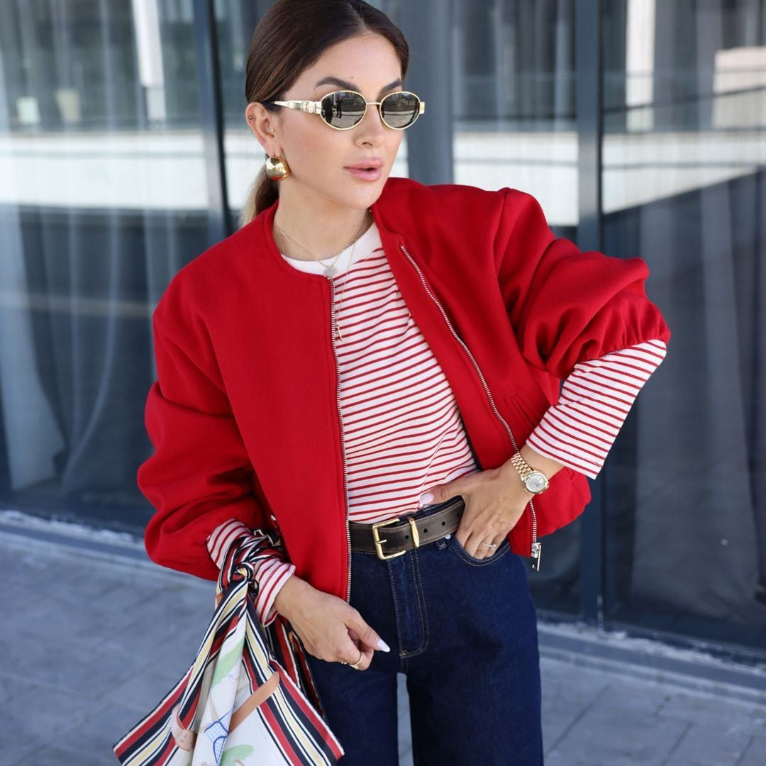 Women Short Bomber Jacket with Round Neck, Zipper and Elastic Hem Mune Fashion