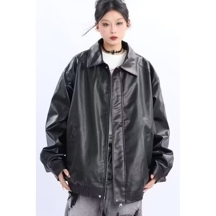 Women's Oversized Faux Leather Blouson with Elastic Hem and Shirt Collar Mune Fashion