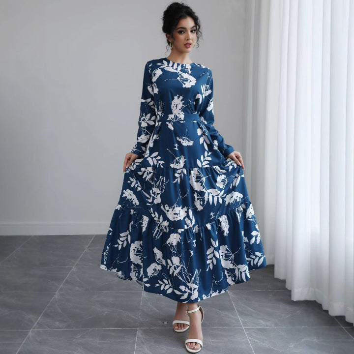 Women Long Floral Tiered Maxi Dress with Waist Belt & Round Neckline Mune Fashion