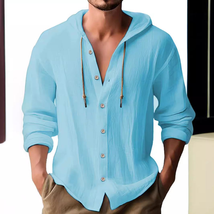 Men's casual hooded shirt with full button placket, drawstring, and lightweight linen look Mune Fashion