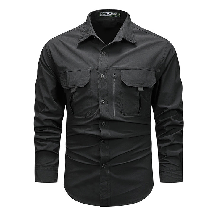 Men's robust field shirt with double chest flaps, concealed zip pocket and reinforced seams.
