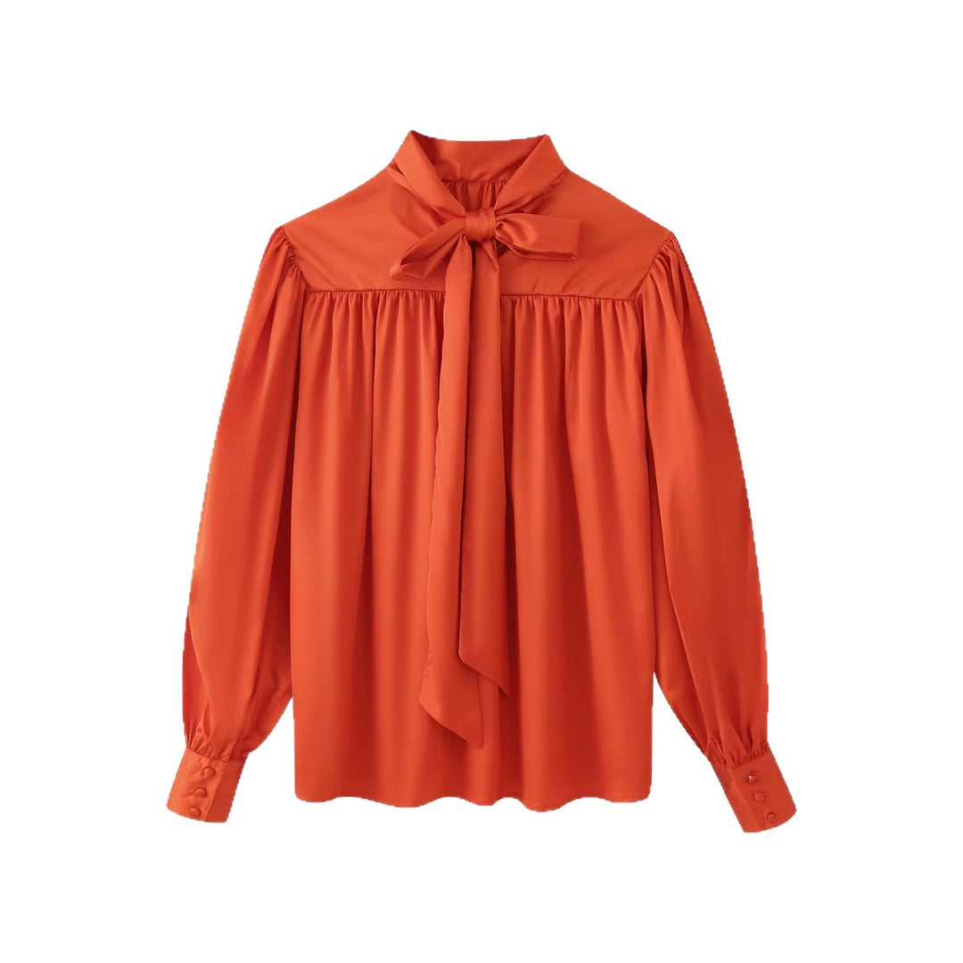 Women Silk-like Bow Blouse with Gathered Shoulder Yoke and Balloon Sleeves Mune Fashion