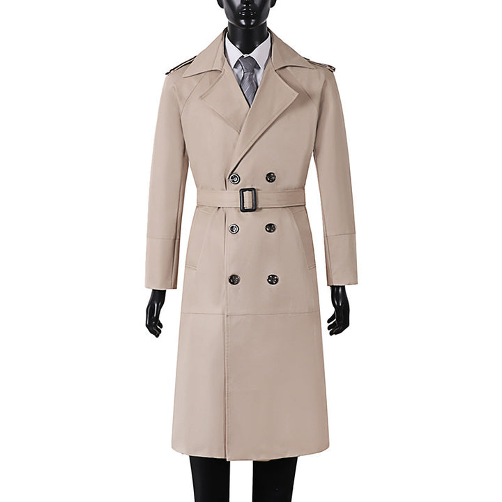 Men's Double-Breasted Trench Coat with Waist Belt and Shoulder Tabs Mune Fashion