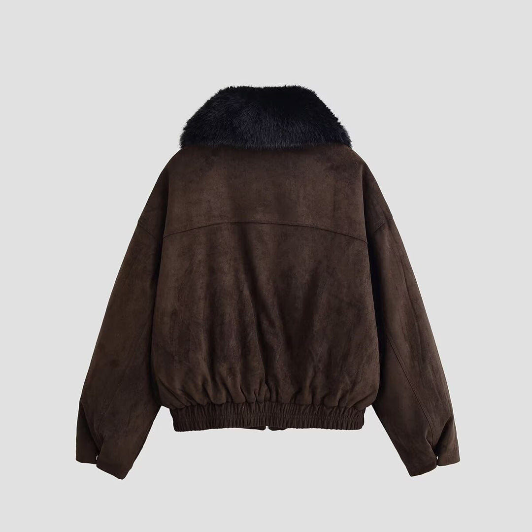 Women's Oversized Aviator Jacket made of Suede Leather Imitation with Large Faux Fur Collar Mune Fashion
