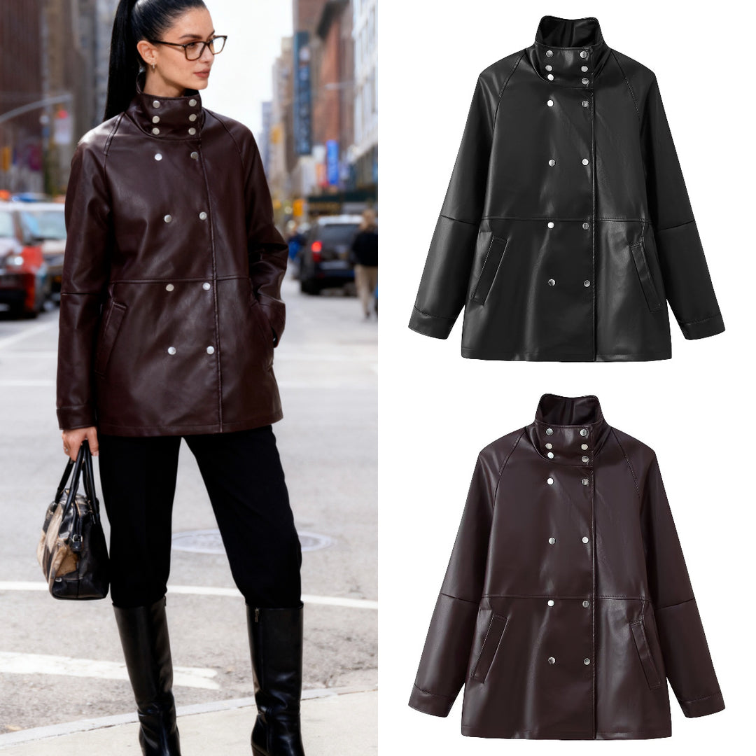 Women's Mid-Length Faux Leather Coat with High Stand-Up Collar and Double-Breasted Snap Buttons Mune Fashion