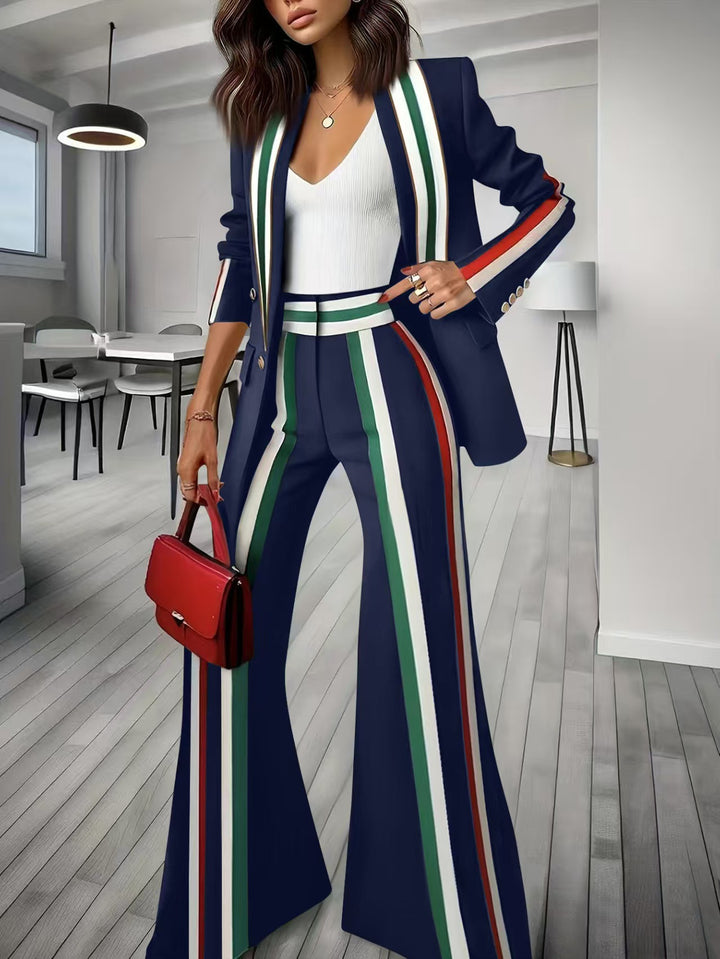 Ladies Elegant Blazer-Pants Set with Side Contrast Stripes and Wide Flare Mune Fashion