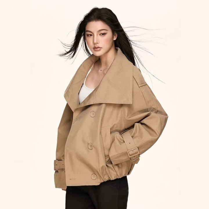 Women Oversized Double-Breasted Trench Bomber Jacket with High Stand-Up Collar Mune Fashion