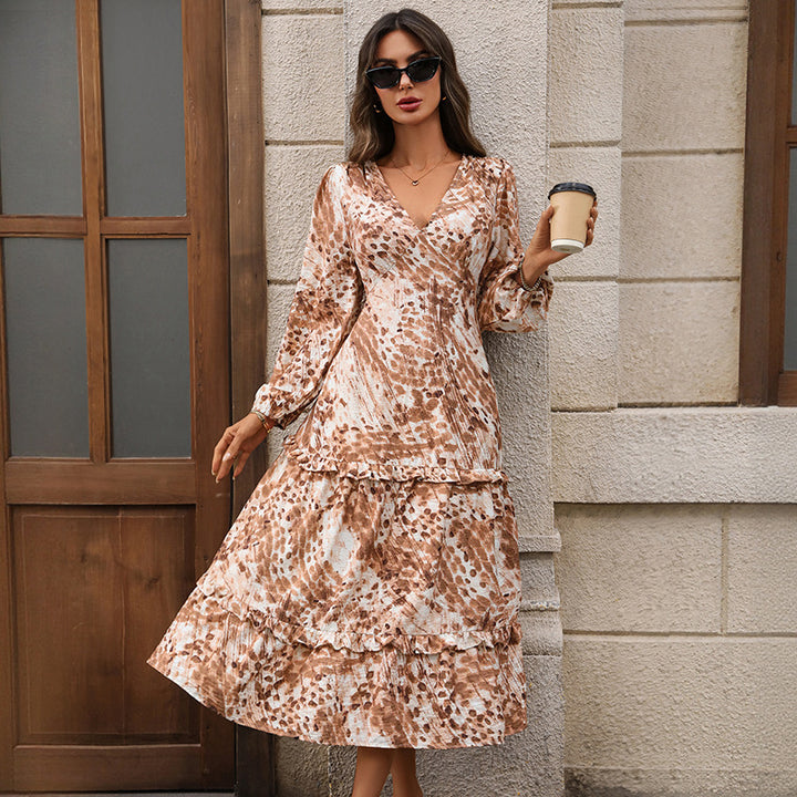 Women's Wrap Midi Dress with Ruffle Layers, Waist Gathering and Side Leg Slit Mune Fashion