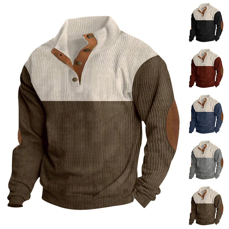 Men's Ribbed Half-Collar Henley Sweater with Button Placket and Leather Elbow Patches Mune Fashion
