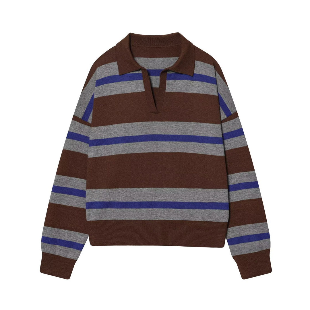 Women Oversize Cropped Rugby Sweater with Polo Collar and V-Neck Mune Fashion
