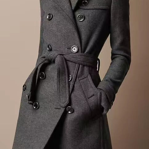 Women's Double-Breasted Wool Blend Trench Coat with Waist Belt Mune Fashion