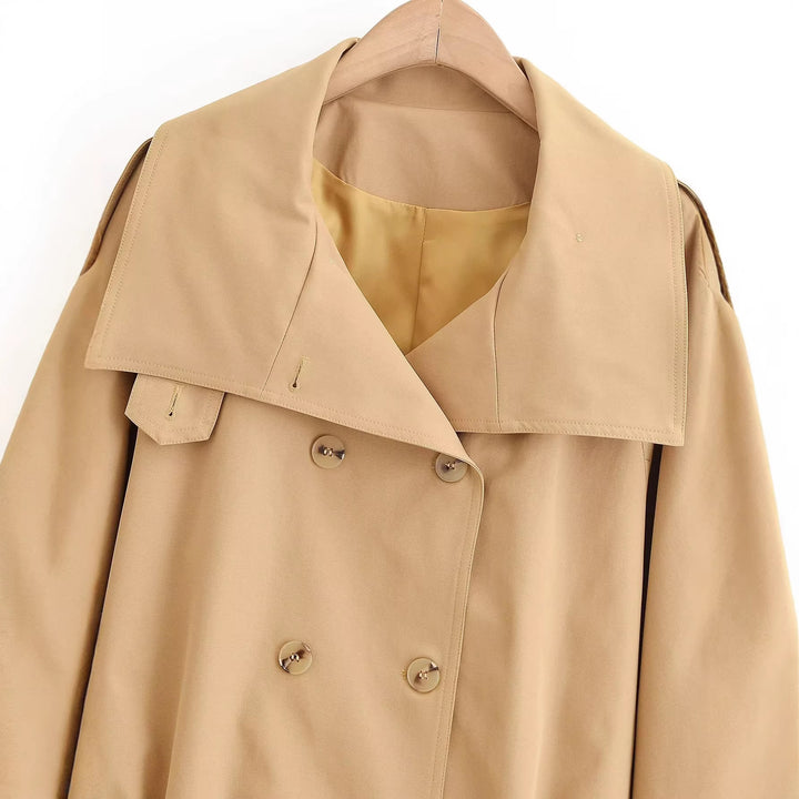 Women Short Double-Breasted Trench Coat with Peplum and Ties Mune Fashion