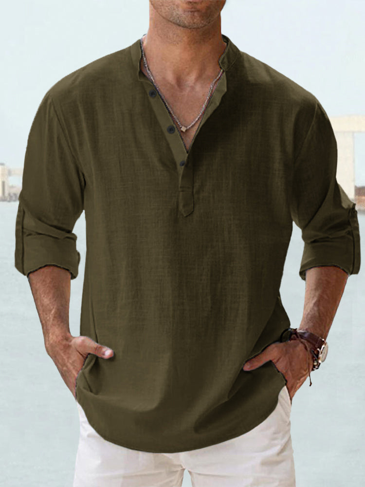 Men's nan casual linen henley shirt with stand-up collar, roll-up sleeves, and rounded hem Mune Fashion