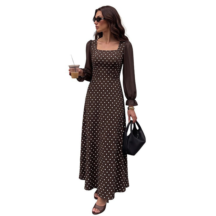 Women's retro-inspired polka dot maxi dress with square neckline and sheer pleated sleeves Mune Fashion