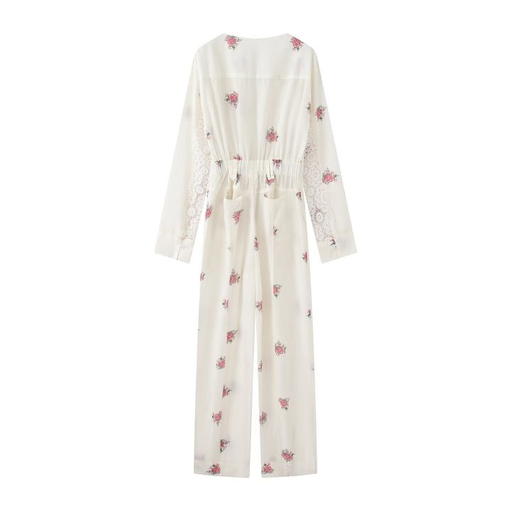 Women Floral Satin Jumpsuit with V-Neck, Zipper and Drawstring Waist Mune Fashion