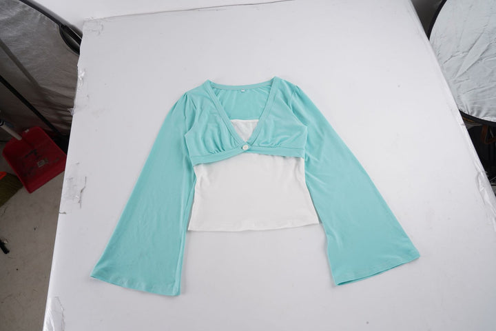 Women's Nan Bolero Overlay Top with Deep V-Neck, Flared Trumpet Sleeves and Integrated Camisole Mune Fashion