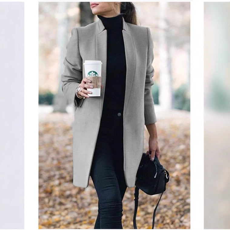 Women's tailored wool coat with stand-up collar and concealed button placket Mune Fashion