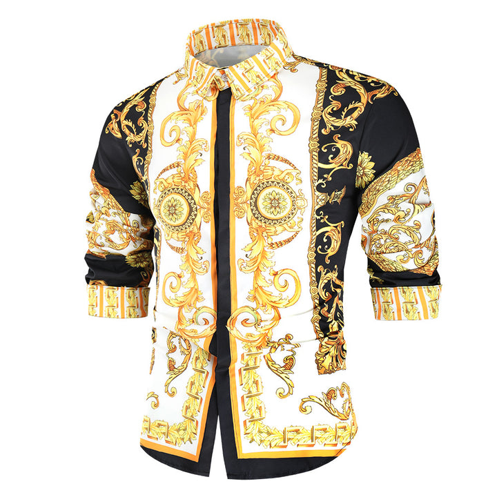 Men's Baroque Long-Sleeve Shirt with Ornamental Print, Kent Collar and Tailored Fit Mune Fashion