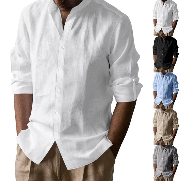 Men's casual linen shirt with Kent collar, continuous button placket, and roll-up sleeves Mune Fashion