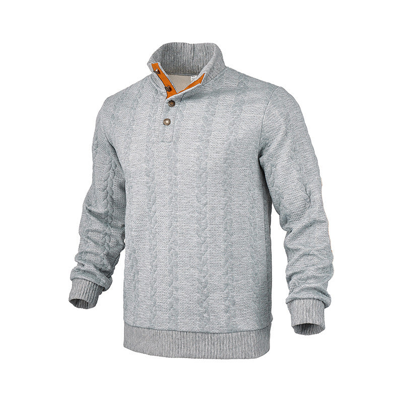 Men's cable knit sweater with stand-up collar, button placket & elbow patches Mune Fashion