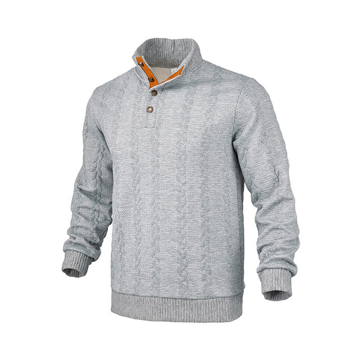 Men's cable knit sweater with stand-up collar, button placket & elbow patches Mune Fashion