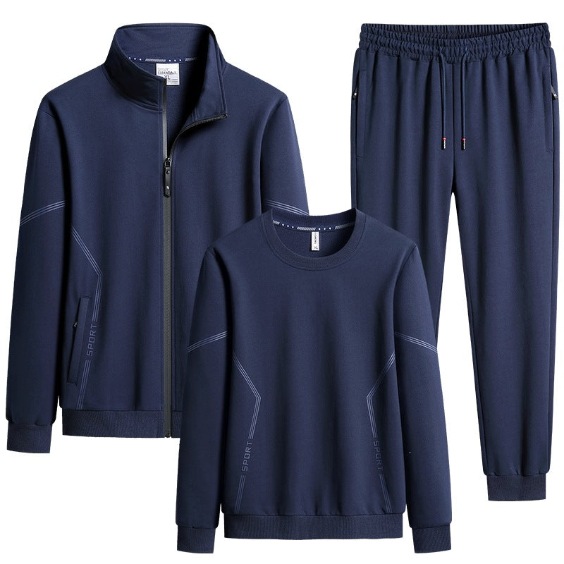 Men's Three-Piece Performance Training Set with Stand Collar Zip Jacket, Round Neck Sweater & Tapered Jogging Pants Mune Fashion