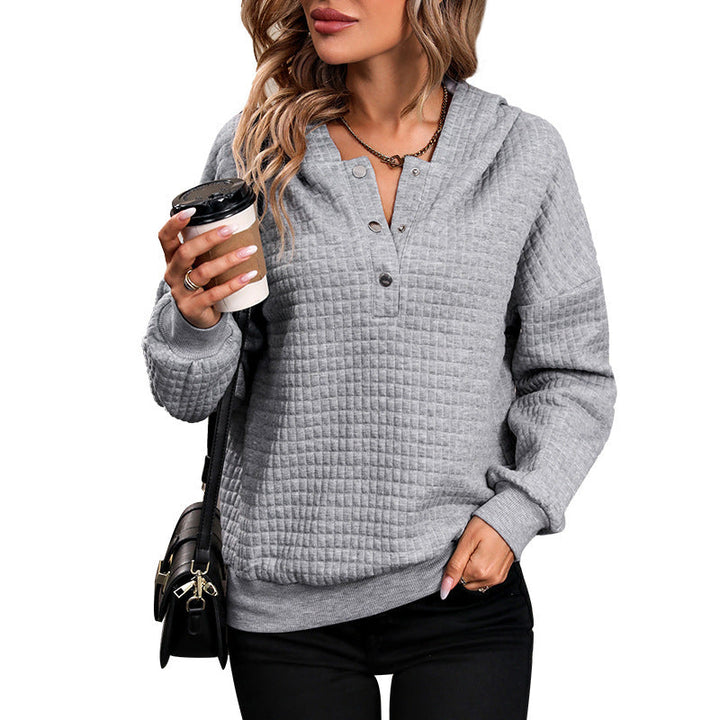Women's Quilted Waffle Knit Henley Hoodie with Snap Placket Mune Fashion