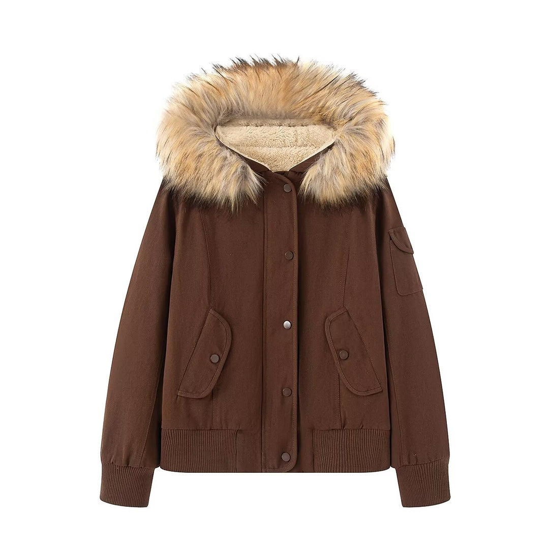 Women's bomber parka with hood, warm teddy lining and removable faux fur collar Mune Fashion
