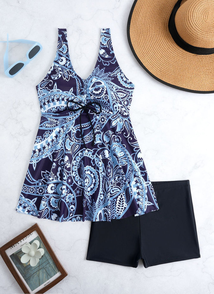 Ladies' tankini set with stylish ruffle and graphic peacock pattern Mune Fashion