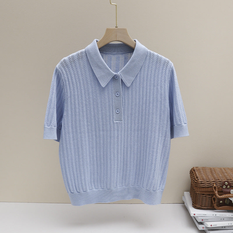 Women's Short Sleeve Ajour Knit Polo Shirt with Fine Rib Pattern Mune Fashion