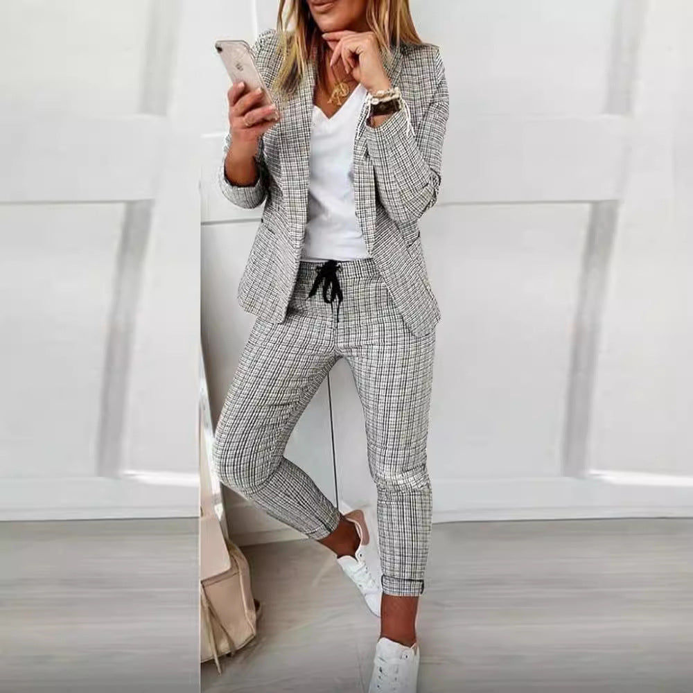 Women's two-piece checkered blazer and slim-fit jogging pants with drawstring Mune Fashion