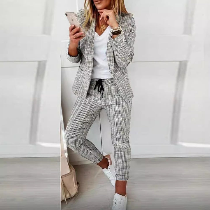 Women's two-piece checkered blazer and slim-fit jogging pants with drawstring Mune Fashion