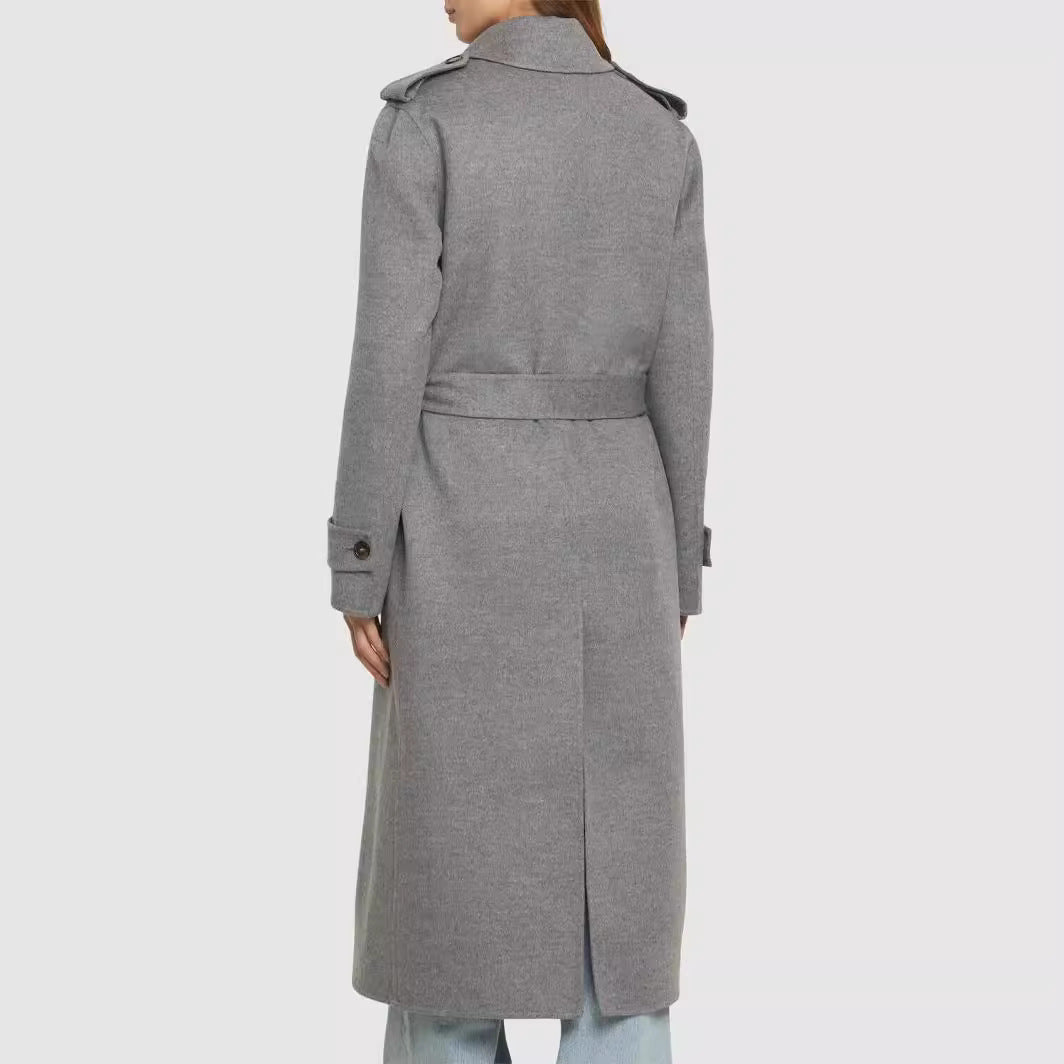 Women Mid-length Tailored Double-breasted Trench Coat made of Wool Blend with Flared Hem Mune Fashion
