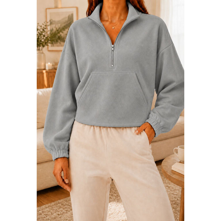 Women's Short Cut Sweatshirt Sweater with Half Zipper and Kangaroo Pocket Mune Fashion