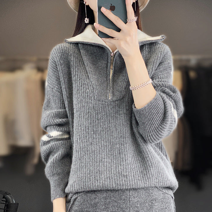 Women's ribbed knit pullover with half zipper, high stand-up collar, and relaxed fit Mune Fashion