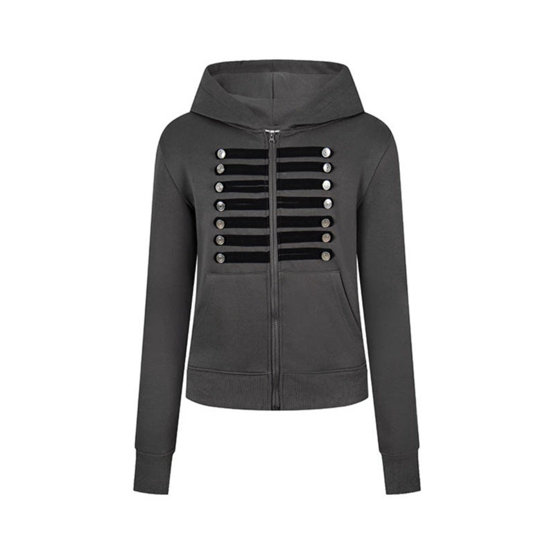Women's hooded sweatshirt jacket with decorative military braid trim and decorative buttons Mune Fashion