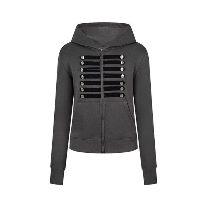 Women's hooded sweatshirt jacket with decorative military braid trim and decorative buttons Mune Fashion