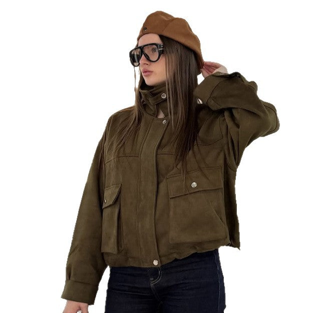 Women's Cropped Velvet Jacket in Utility Style with Hood and Patch Pockets Mune Fashion