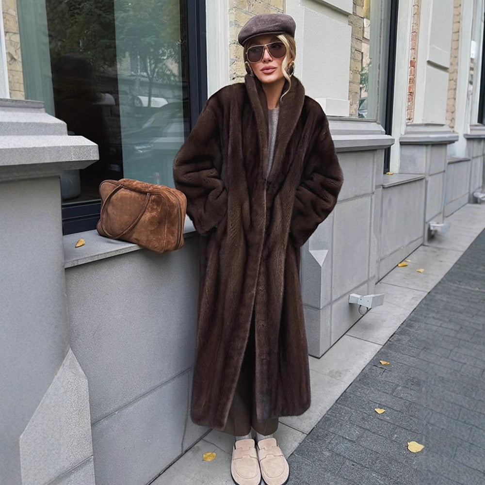 Women Long Faux Fur Coat with Stand-Up Collar and Oversized Fit Mune Fashion