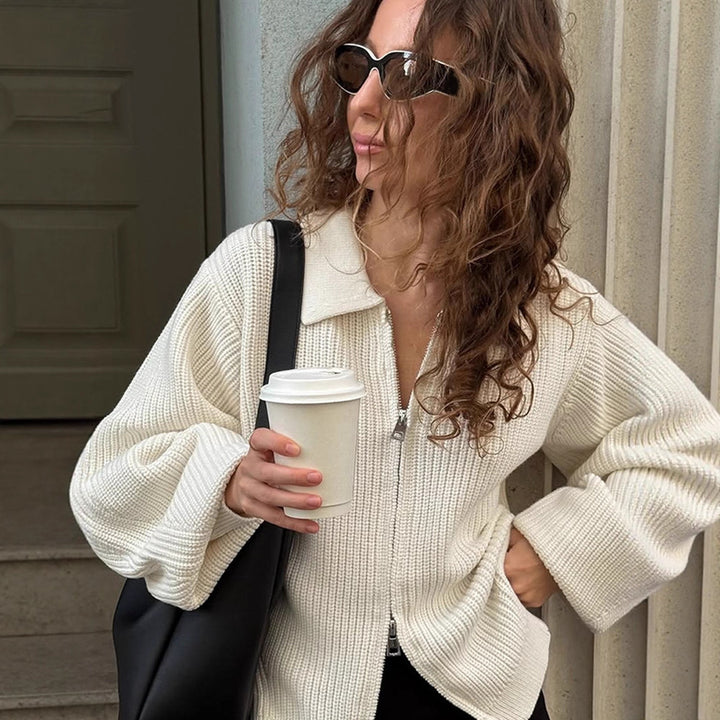 Women Ribbed Cardigan with Zipper, Shirt Collar & Balloon Sleeves Mune Fashion