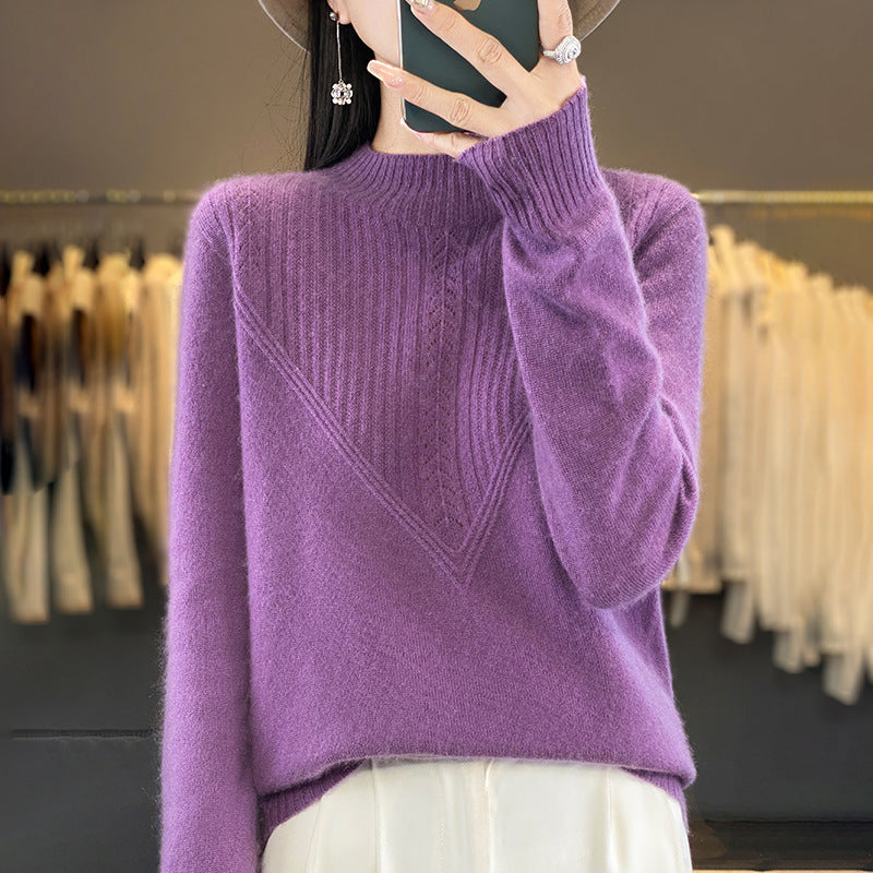 Women's Loose Mohair Blend Sweater with Textured V Panel and Stand Collar Mune Fashion