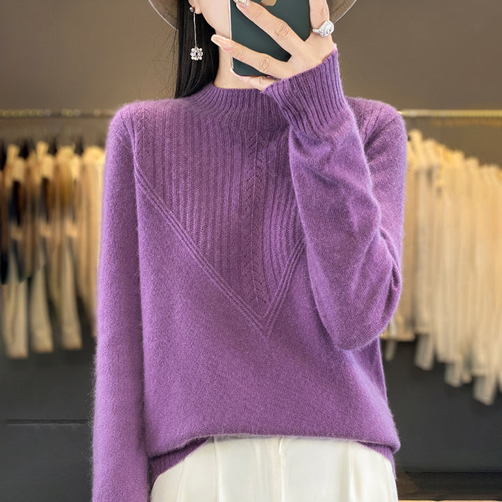 Women's Loose Mohair Blend Sweater with Textured V Panel and Stand Collar Mune Fashion