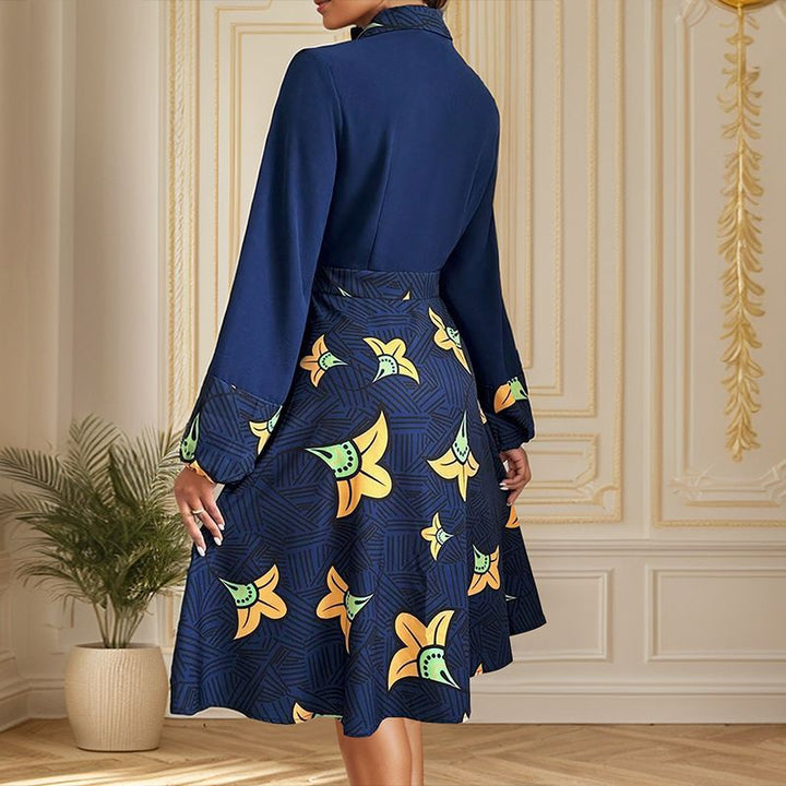 Women Elegant Midi Dress with Floral Pattern and Button Placket Mune Fashion